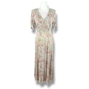 Vintage Floral Maxi Dress Women's S/M USA Made Crinkle Rayon 90s Column Spring